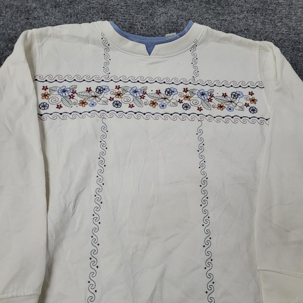 Unbranded Sweatshirt Womens Size 2X Cream Floral Embroidered Crew Neck Pullover